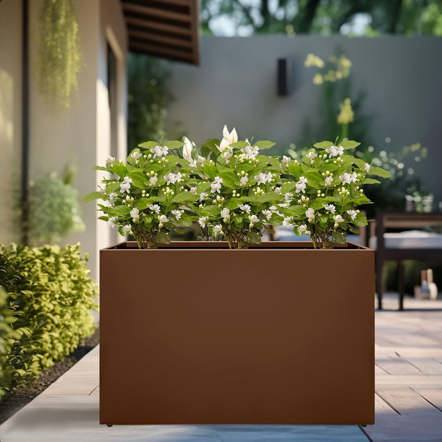 Galvanized Steel Planter Box-No Installation Required Metal Rectangular Block Long Box Planter Modern Outdoor Planters All-Weather Use with Drainage Holes for Patio/Porch, 36×24×12IN（Brown）