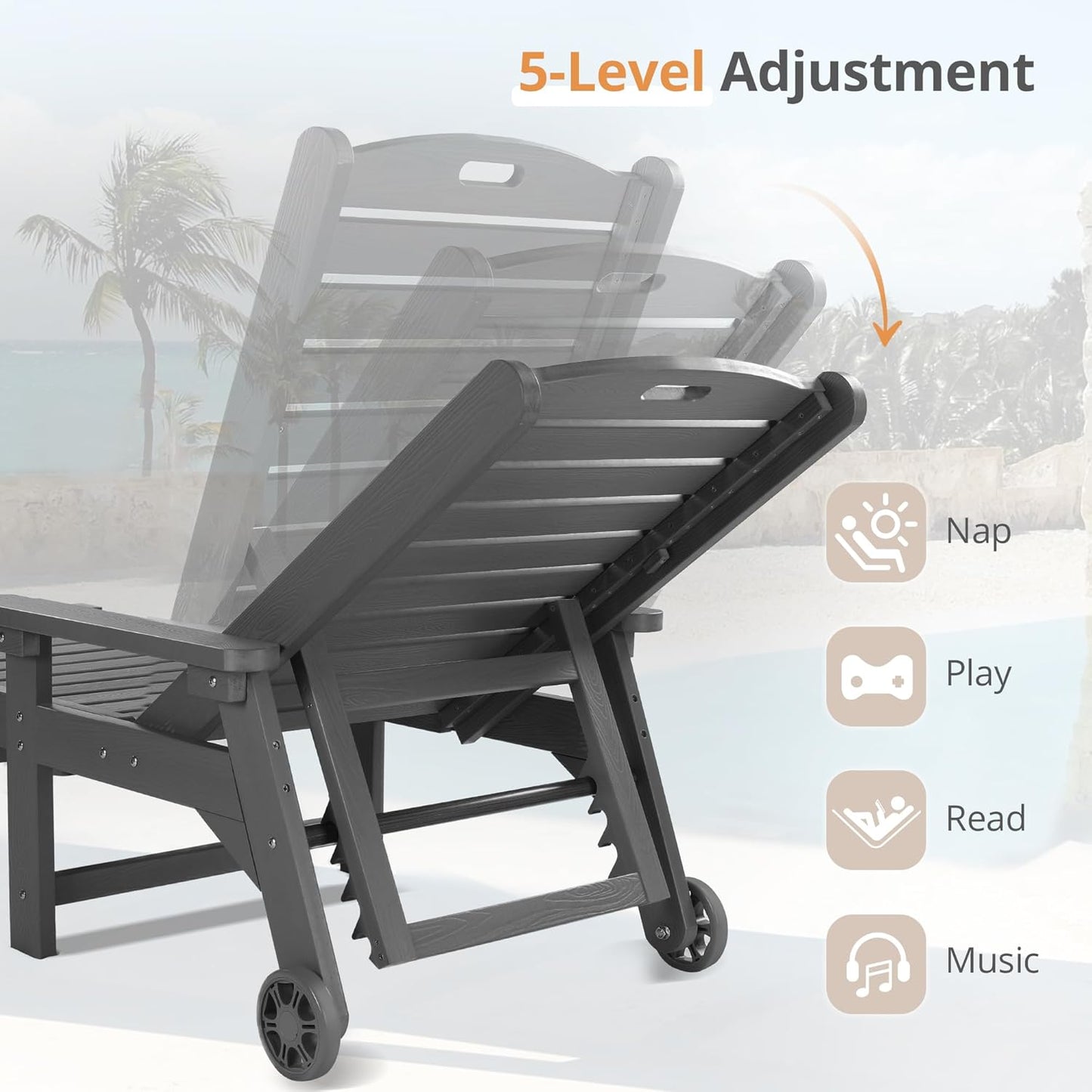 LUE BONA Chaise Lounge Chairs Set with Table, 3-Piece, 79'' Oversized HDPS Chaise Lounger, 5 Positions Adjustable Lounge Chairs, Pool Lounge Chair with Wheels for Poolside, 3 Year Warranty, Dark Gray