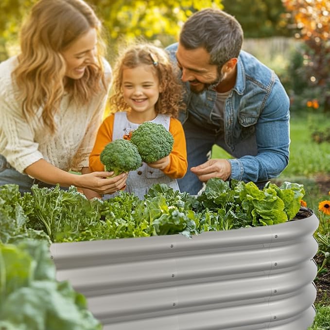 4x2ft Oval Galvanized Raised Garden Bed Kits 16" Tall Outdoor Large Metal Modular Planter Box 9-in-1 Raised Beds for Gardening,Vegetables,Fruits,Flowers & Herbs (Silver)