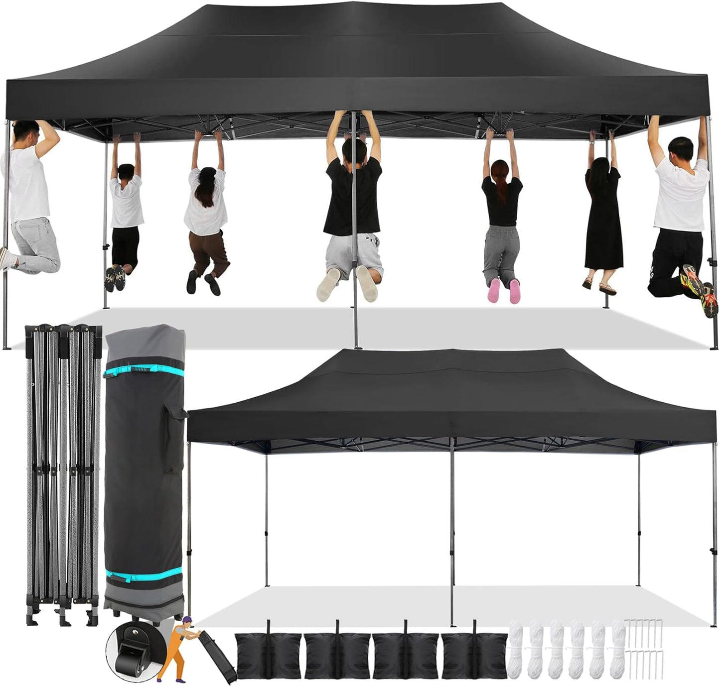 COBIZI 10x20 Pop Up Canopy Without Sidewall,Heavy Duty Canopy UPF 50+ All Season Wind Waterproof Commercial Outdoor Wedding Party Tents for Parties Canopy Gazebo with Roller Bag(10 x 20 ft Black)