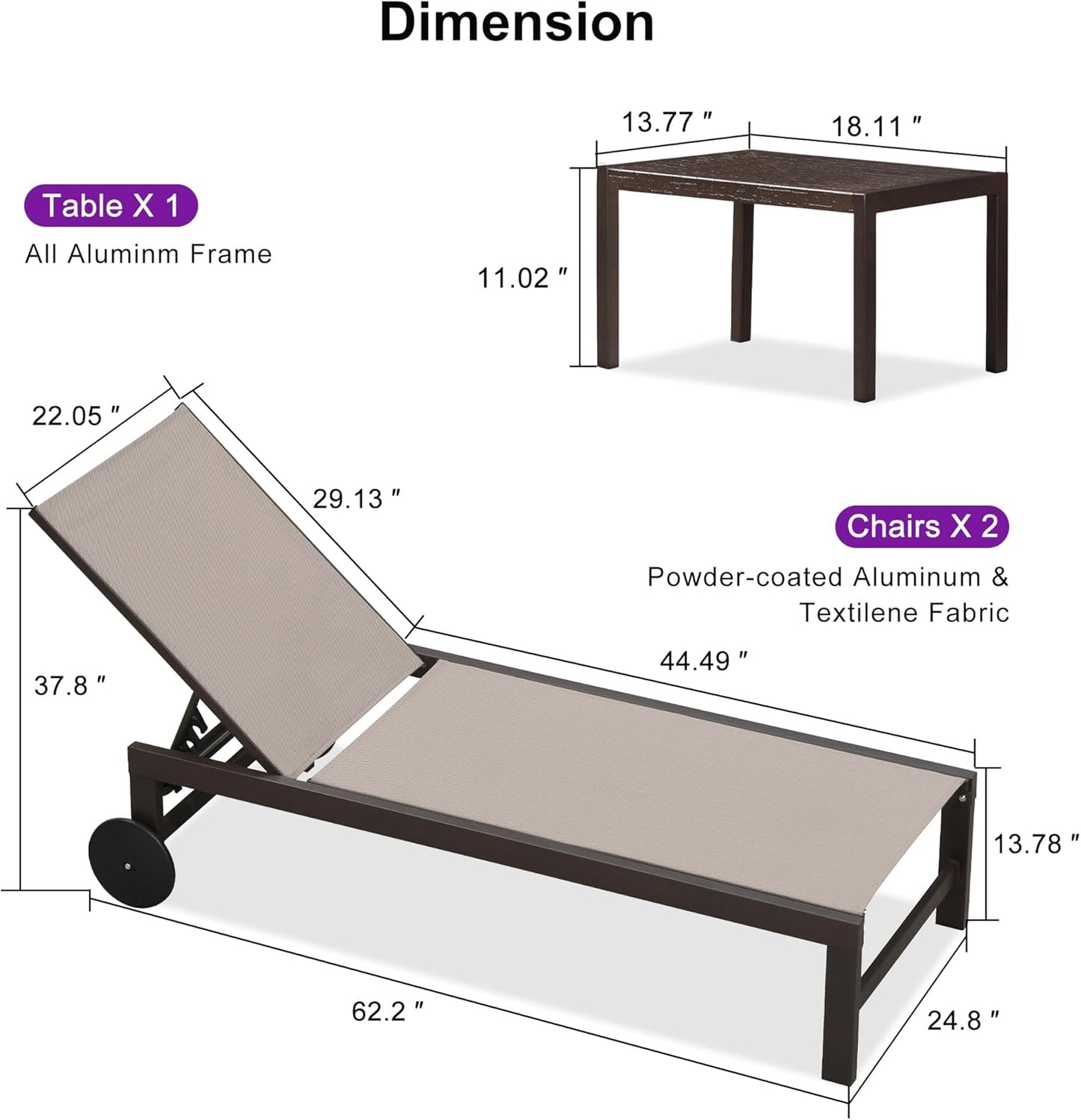 PURPLE LEAF Outdoor Chaise Lounge Chair Set of 3, Pool Lounge Chair for Outside, Aluminum Patio Chaise Lounger with Adjustable Backrest and Wheels for Deck, Outside, Lawn, Garden, Sand Beige