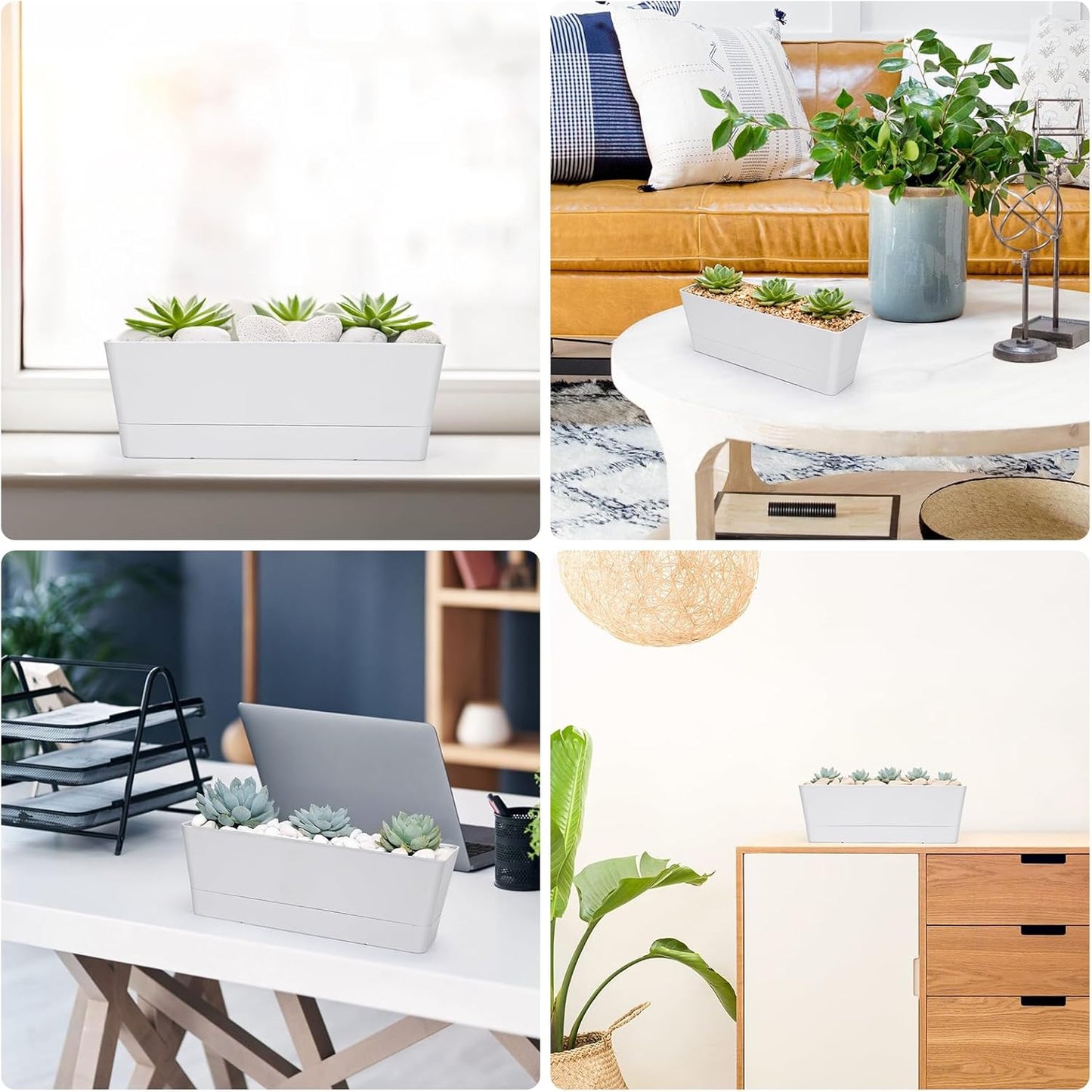 GREANER Herb Planter with Tray, 1 Pack 12x3.8 Inch Rectangle Window Box, Indoor Succulent Flowers Succulent Plastic Pot for Windowsill, Garden, Balcony, Office Outdoor Decoration - White