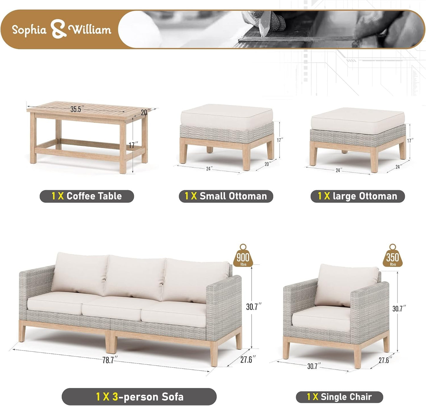 Sophia & William Outdoor Patio Furniture Sets, 5-Piece All-Weather Patio Conversation Set, High Back Wicker Rattan Setional Sofa with Large Single Sofa Chairs, Ottomans & Wooden Coffee Table (Beige)