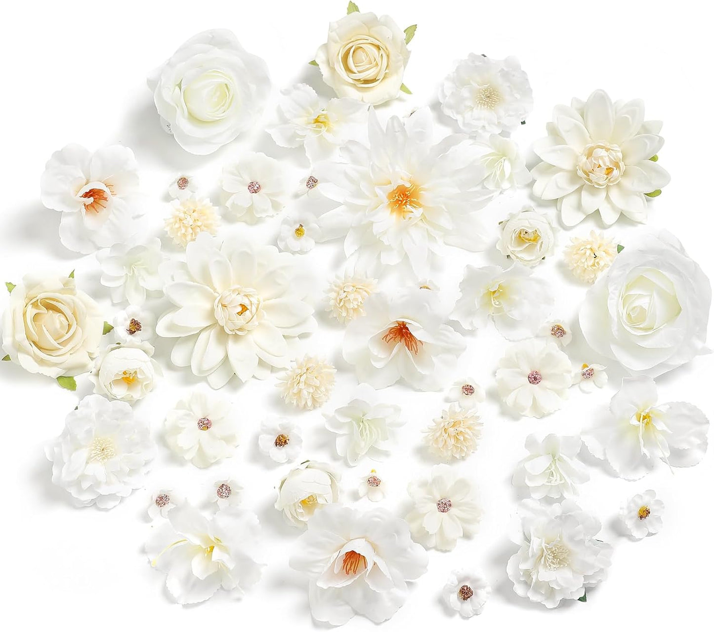 YYHUAWU Fake Flower Heads Mini White Artificial Flower Faux Dahlia Rose Flowers Multicolor Silk Daisy Flower Heads for Craft Garland Wedding Bridal Baby Shower Home Party Decoration DIY Cake Decor