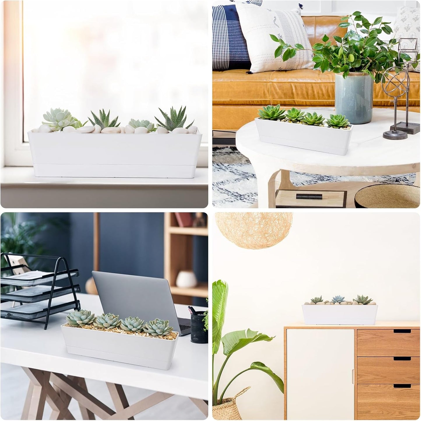 GREANER 16x3.8 Inch Window Boxes Planters, 1PCS White Vegetable Herb Planters with Tray, Indoor Succulent Cactus Flowers Plastic Rectangle Pot for Balcony, Office, Garden, Outdoor, Windowsill