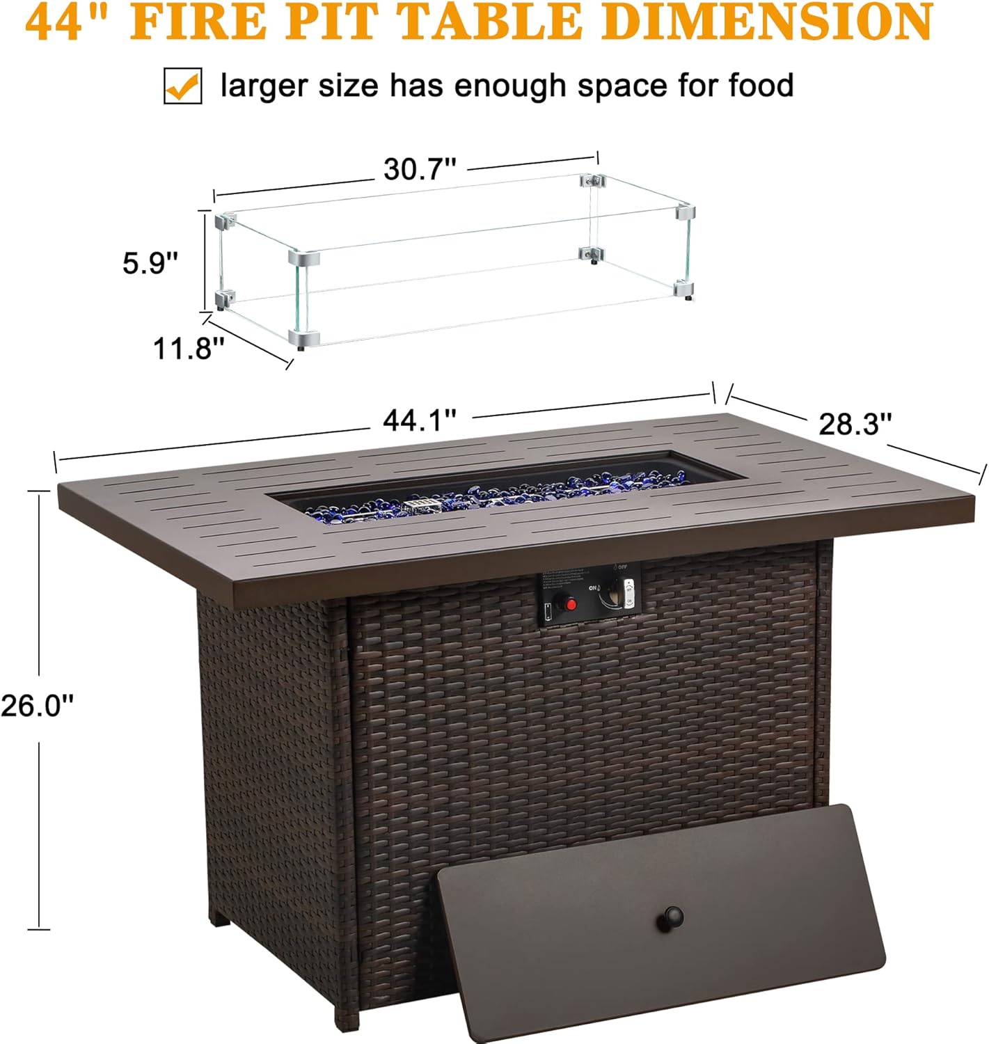 LayinSun 44" Propane Gas Fire Pit Table, 55000 BTU Rectangular Fire Pit with Glass Wind Guard for Outside Patio Deck Garden Backyard Brown-Aluminum Top