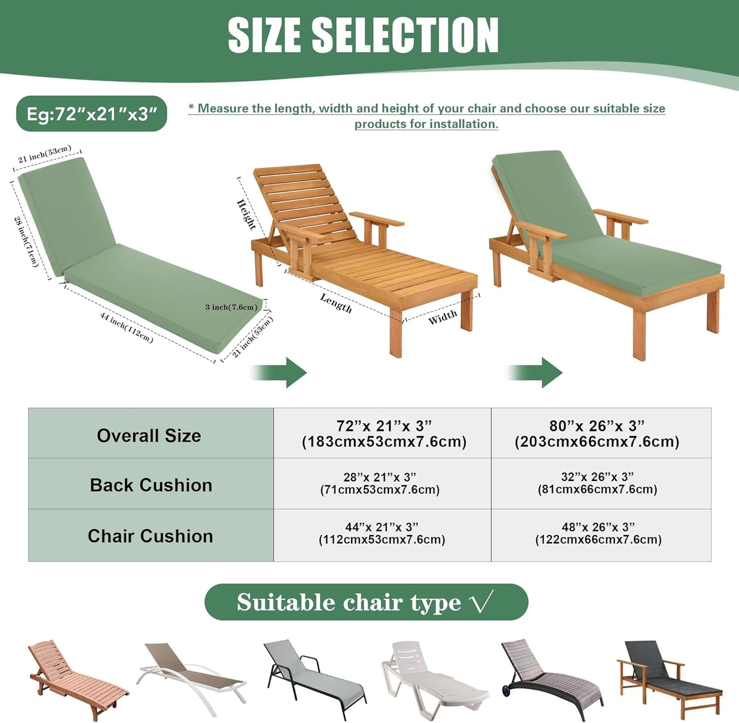 Chaise Lounge Cushions Outdoor - Waterproof and Fade Resistant Sun Lounger Replacement Cushions - Patio Lounger Pads with Removable Cover for Pool, Deck, Lawn, 80 x 26 x 3 Inch, Sage Green