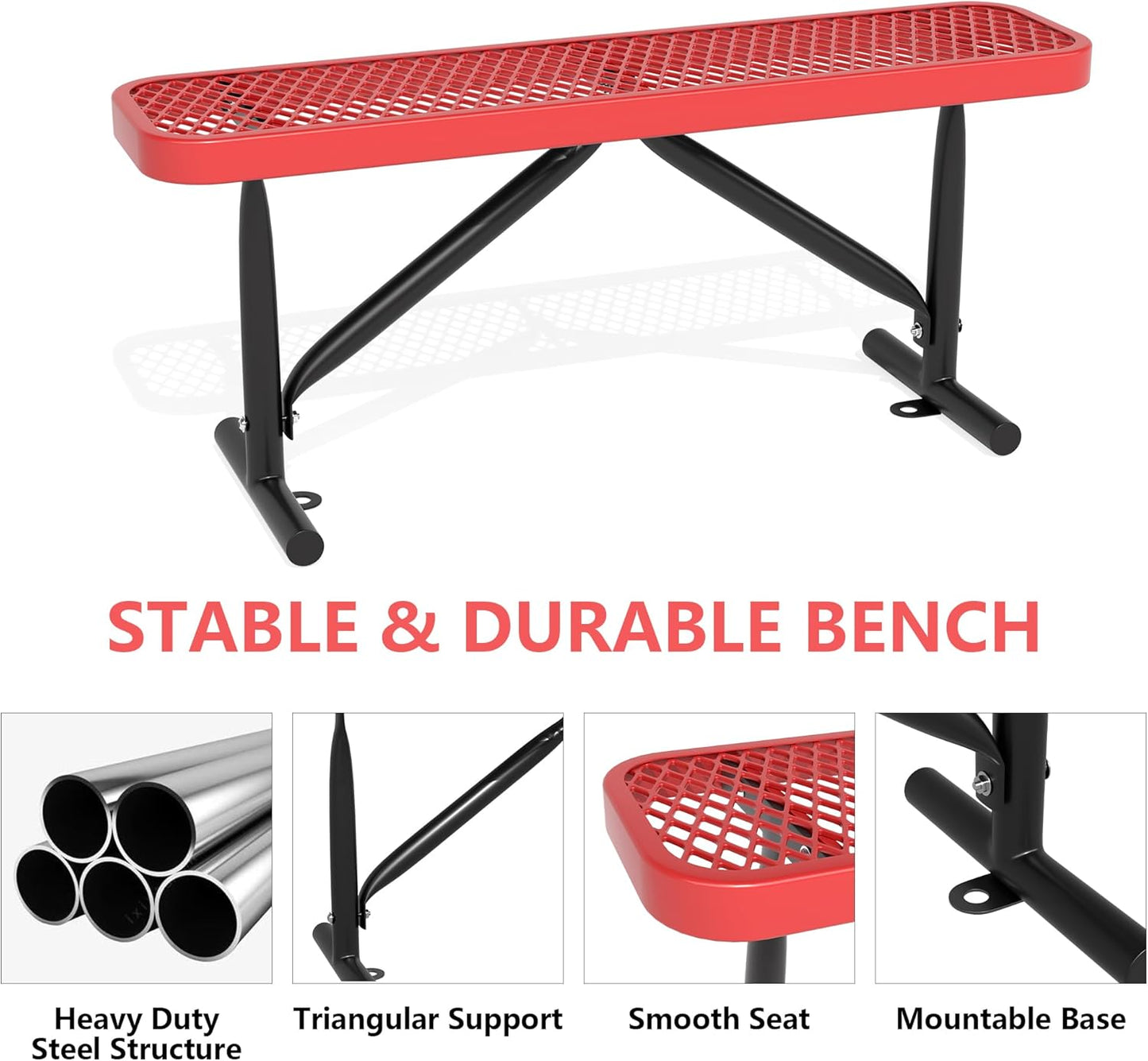 48" L Outdoor Steel Flat Bench, Heavy Duty Metal Park Bench for Outside, Expanded Metal, Commercial Benches Mesh Bench for Shopping Mall, Store, Lawn, Park, Patio, Deck, Garden (Red, 4FT)