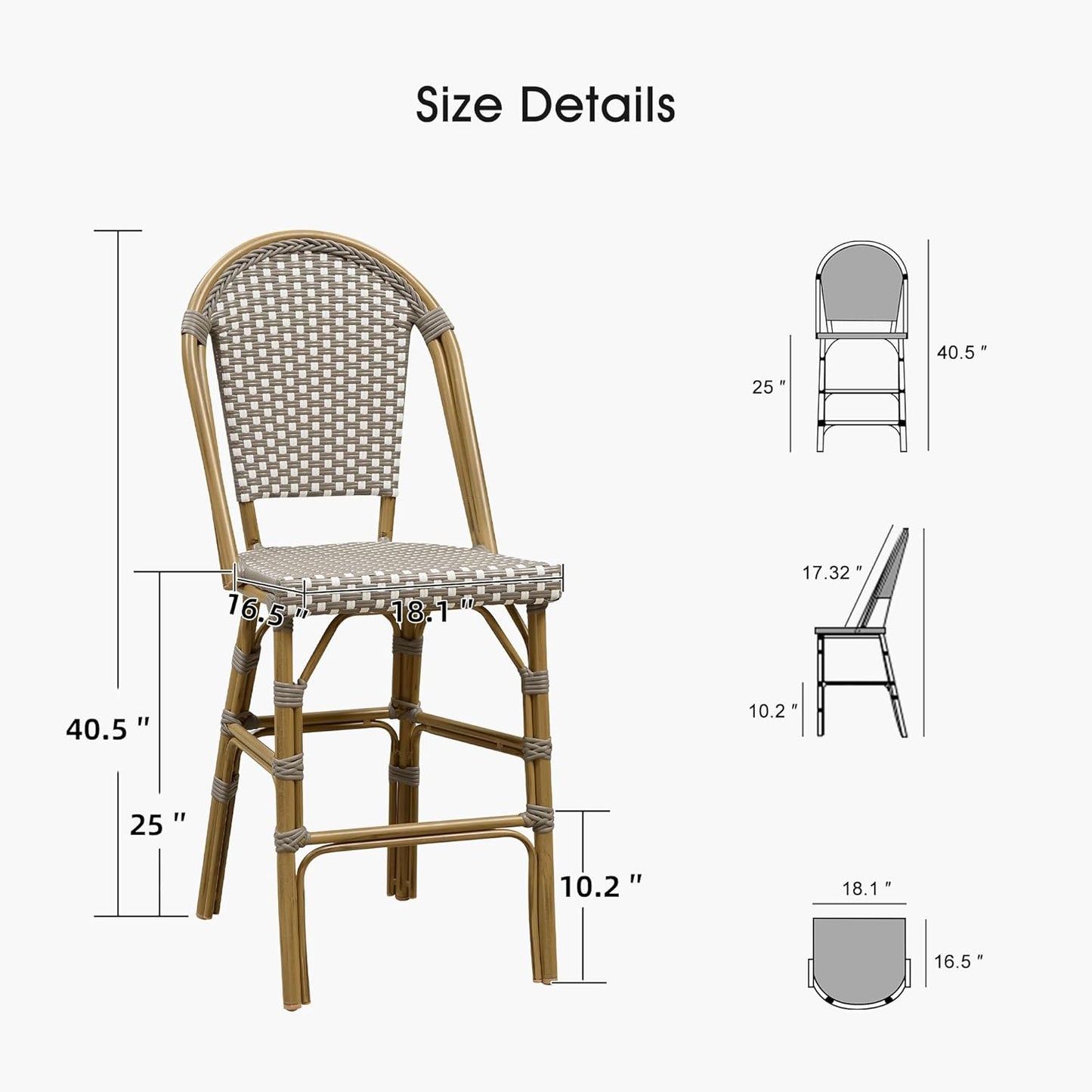 PURPLE LEAF French Counter Height Bar Stool Set of 2 25" Bamboo Print Finish Patio Bar Chairs with Back Rattan Bar Chairs French Bistro Set for Kitchen Outdoor Counter Stool Grey