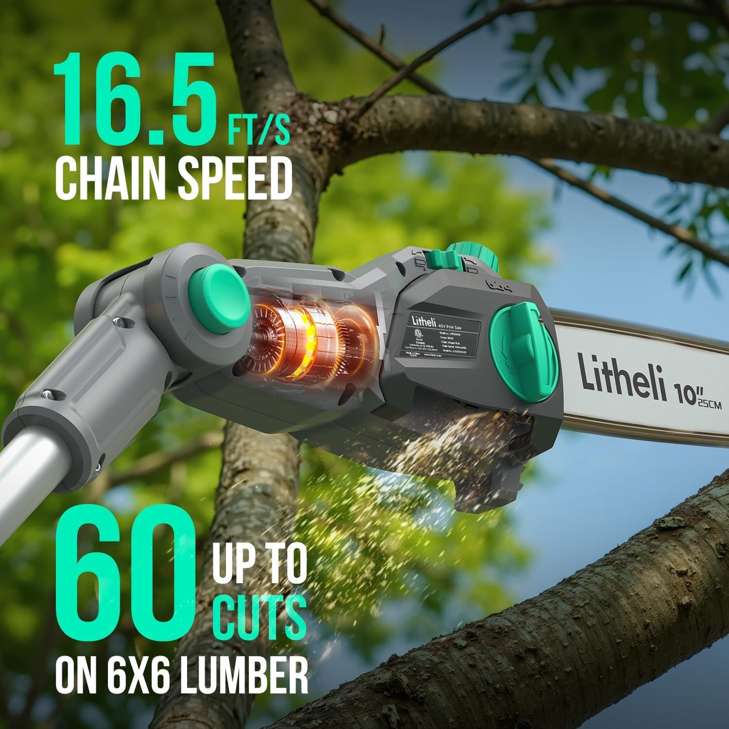 Litheli Cordless Pole Saw, 40V 2.5Ah Battery Pole Saws for Tree Trimming, 10-Inch Pole Saw Battery Powered 16ft/s Cutting Speed Auto Oiling Multi-Angle Electric Pole Chainsaw(Battery&Charger Included)