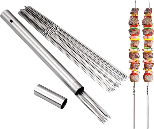 304 Stainless Steel 13.2" Long Flat Barbecue Skewers,20PCS/40PCS BBQ Kebab Skewers with Portable Metal Storage Tube,Reusable for Grilling Barbecue Kitchen Party and Outdoor Cooking (40PCS)