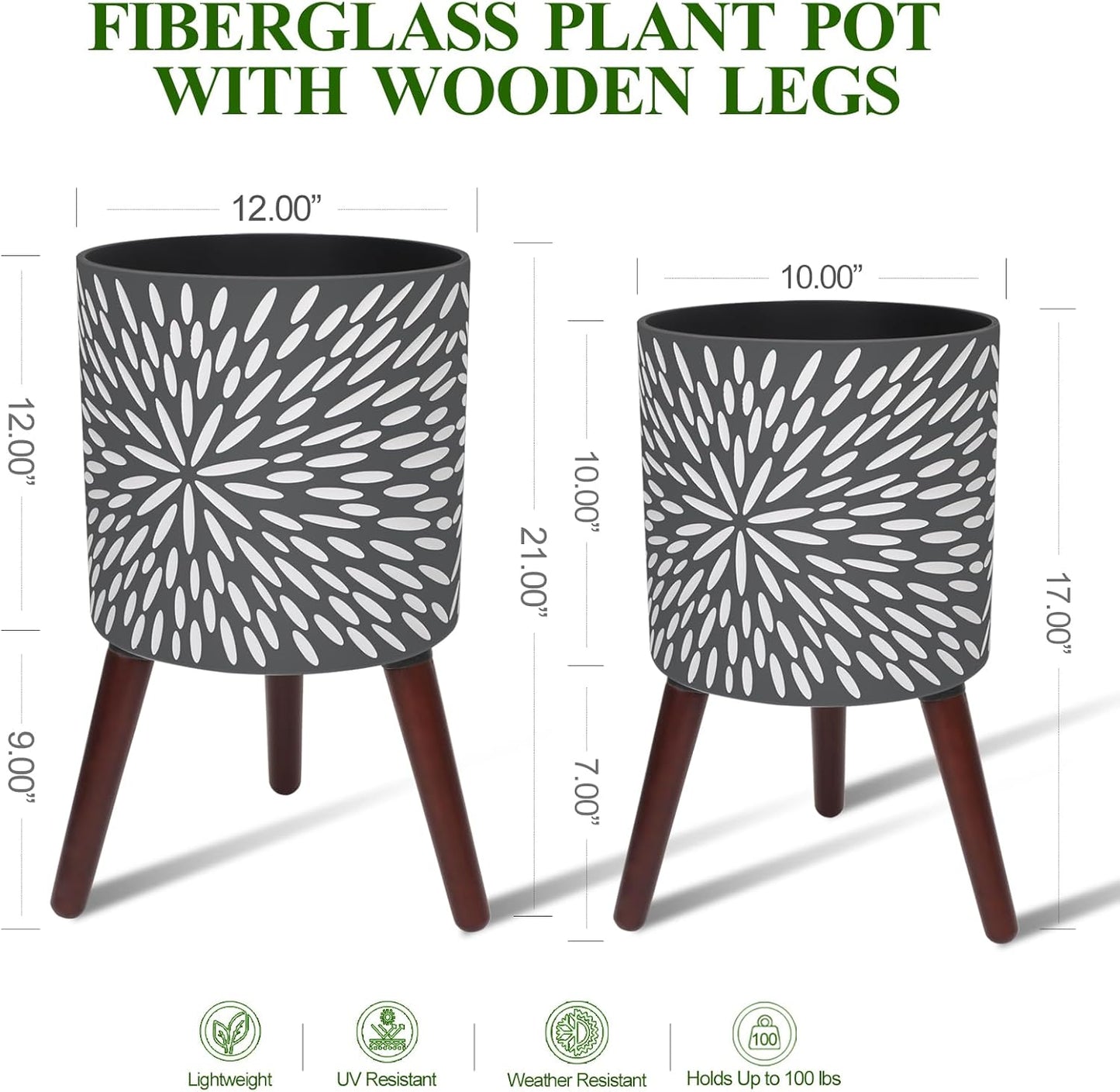 10 & 12 Inches Plant Pot with Stand Set of 2, Large Matte Gray Modern Planters for Indoor Outdoor Plants with Drainage Holes, Big Flower Pots with Wood Legs