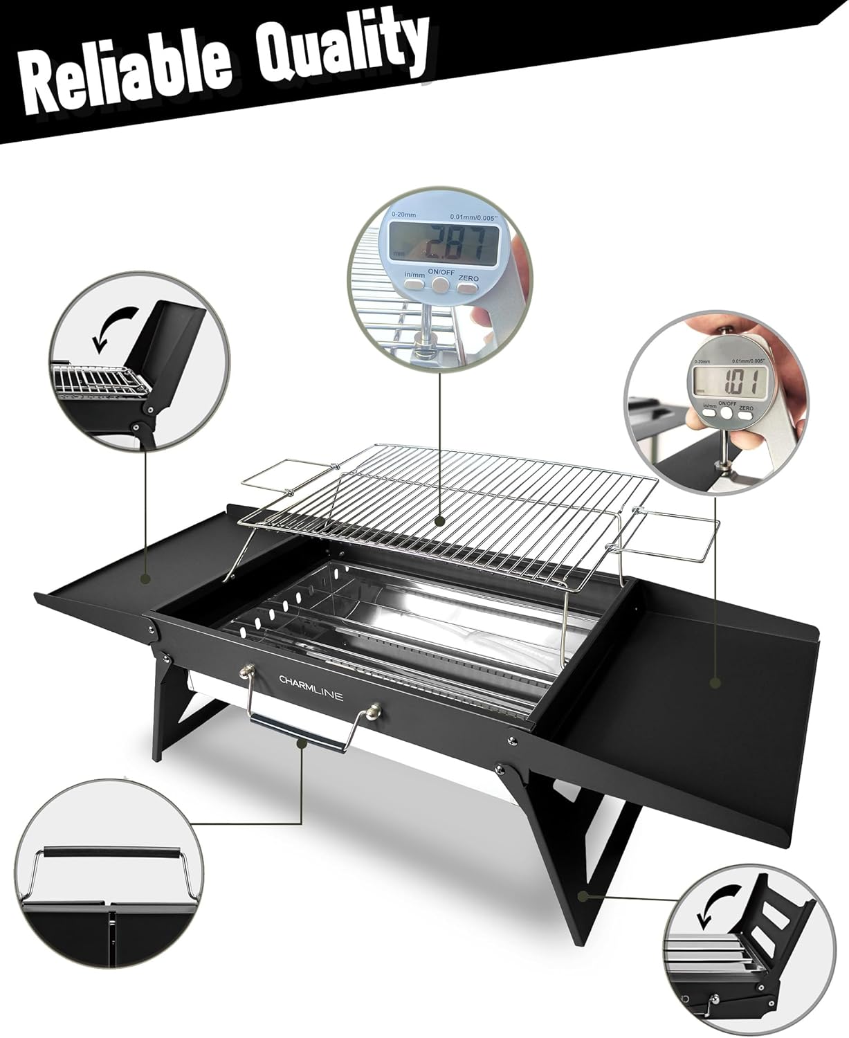 Charmline 20x14inch Big Desktop Charcoal Grill, Liftable Grilling Net, Saving Space Grill for Indoor and Outdoor, BBQ Grill for Camping, Gardens, Picnics, Beach Parties, Black
