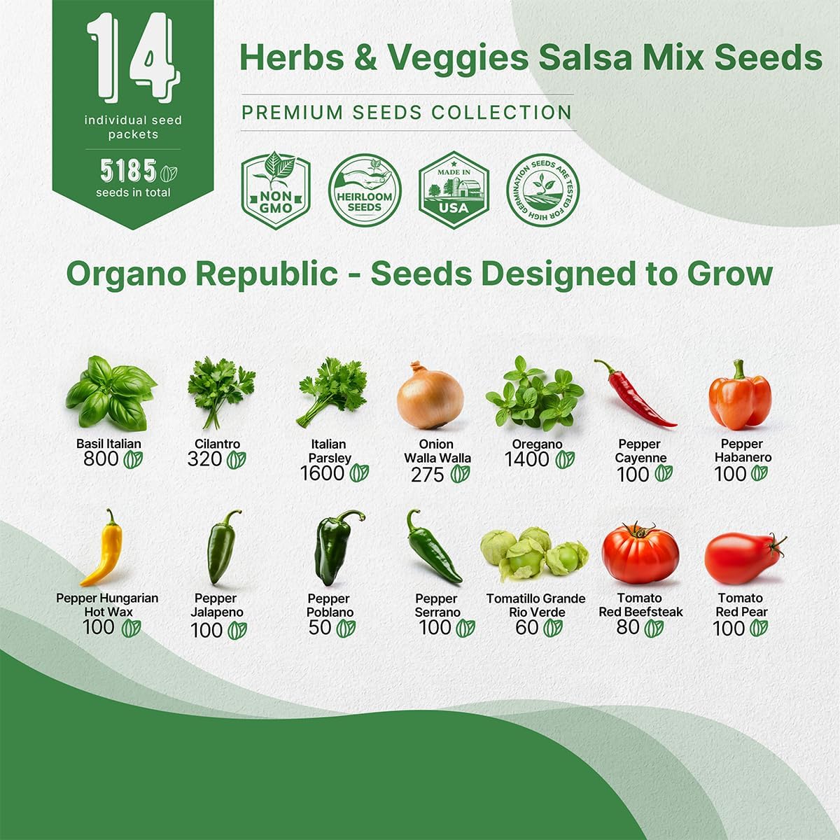Organo Republic 14 Herbs & Veggies Salsa Mix Seeds Variety Pack - 5,180+ Non GMO Heirloom Herb, Tomato & Chili Pepper Seeds for Planting Outdoor & Indoor Home Gardening: Basil, Cilantro Onion, Peppers