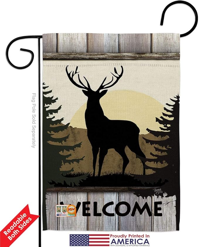 Welcome Deer Garden House Flags Kit Animals Wildlife Outdoor Bear Wolf Pet Nature Farm Animal Creature Small Decorative Gift Yard Banner Double-Sided Made In USA 28 X 40