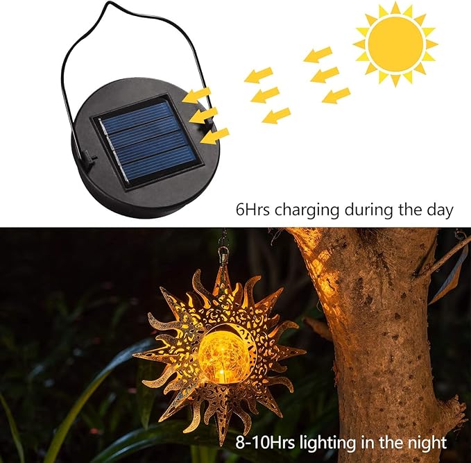 2 Pack Garden Decor Hanging Lanterns Outdoor Waterproof,Solar Lights Metal Sun Gifts Decoration for Yard Clearance Front Porch Lawn Driveway Patio Backyard Pathway Gardening Gift