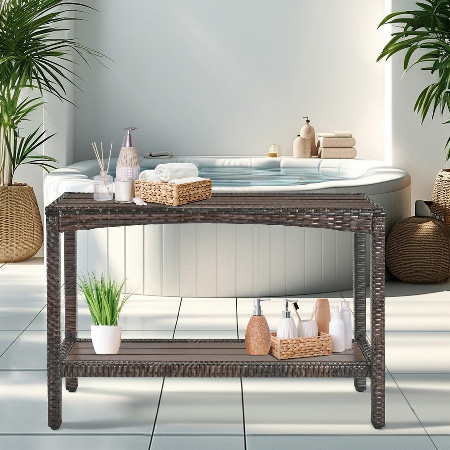 Outdoor Console Table Patio Buffet Bar Storage Organizer 45" Long Wicker Sofa Serving Sideboard Table 2-Shelf Outdoor Bar Table Tall Rectangle Narrow with Adjustable Feet for Entryway Balcony Brown