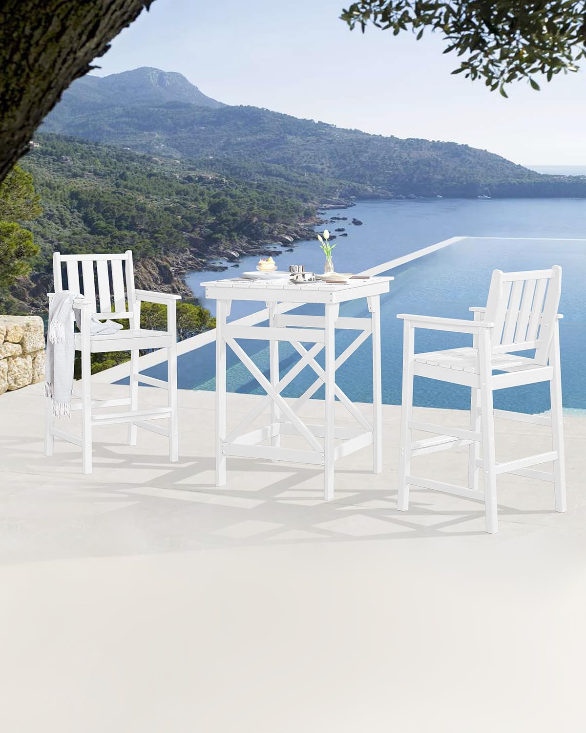 Adirondack Bar Chair Set of 2, HDPE Tall Adirondack Chairs Bar Stools with Footrest, Outdoor Bar Height Stool Chair Set, HDPE Patio Barstools Set for Balcony, Porch, Deck, Pool, Pearl