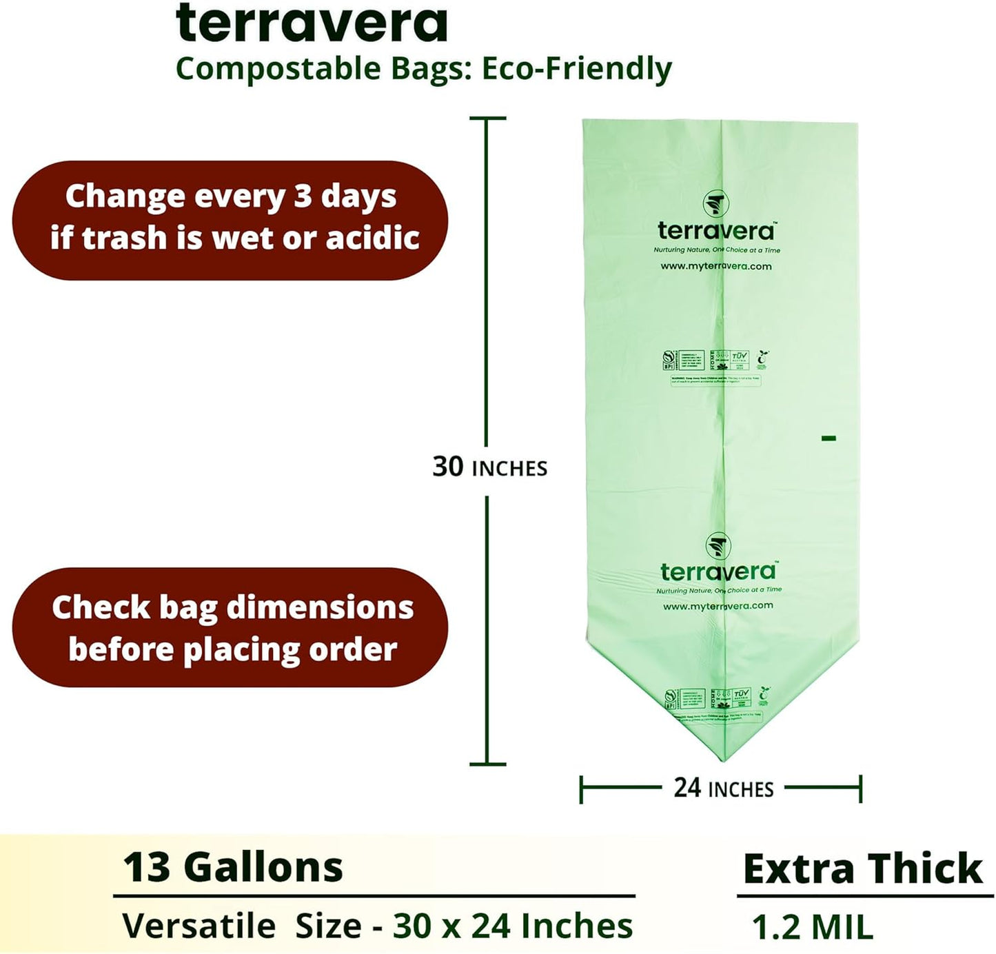 Compostable Trash Bags with Handles | BPI & OK Home Certified ASTM D6400 Standards | Heavy Duty Kitchen & Yard Waste Bags (13 Gallon Flat Top, 50 Count)