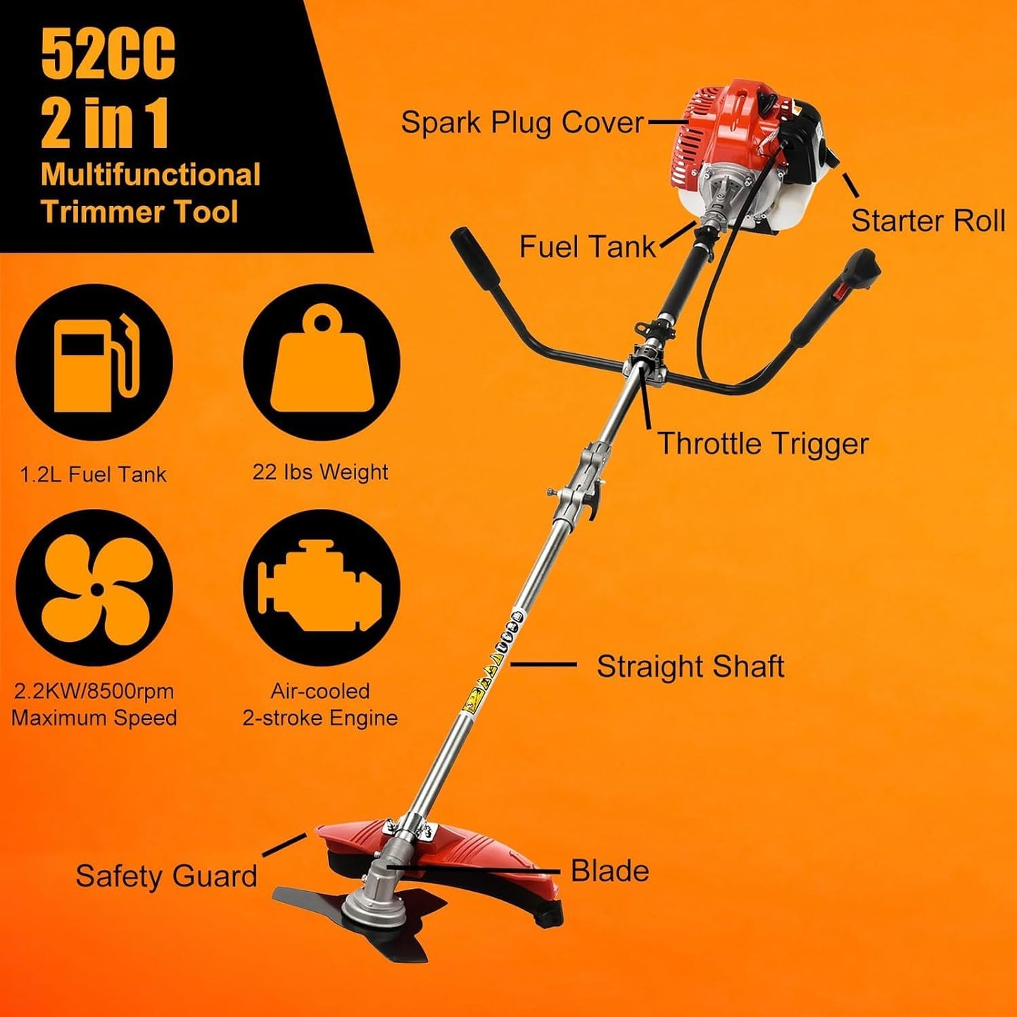 Weed Eater Gas Powered,52cc 2-Stroke Weed Wacker,2 in 1 Multi-Functional Grass Strimmer Petrol Hedge Trimmer,Gas Powered String Trimmer Brush Cutter for Garden Yard 2.2KW/8500rpm