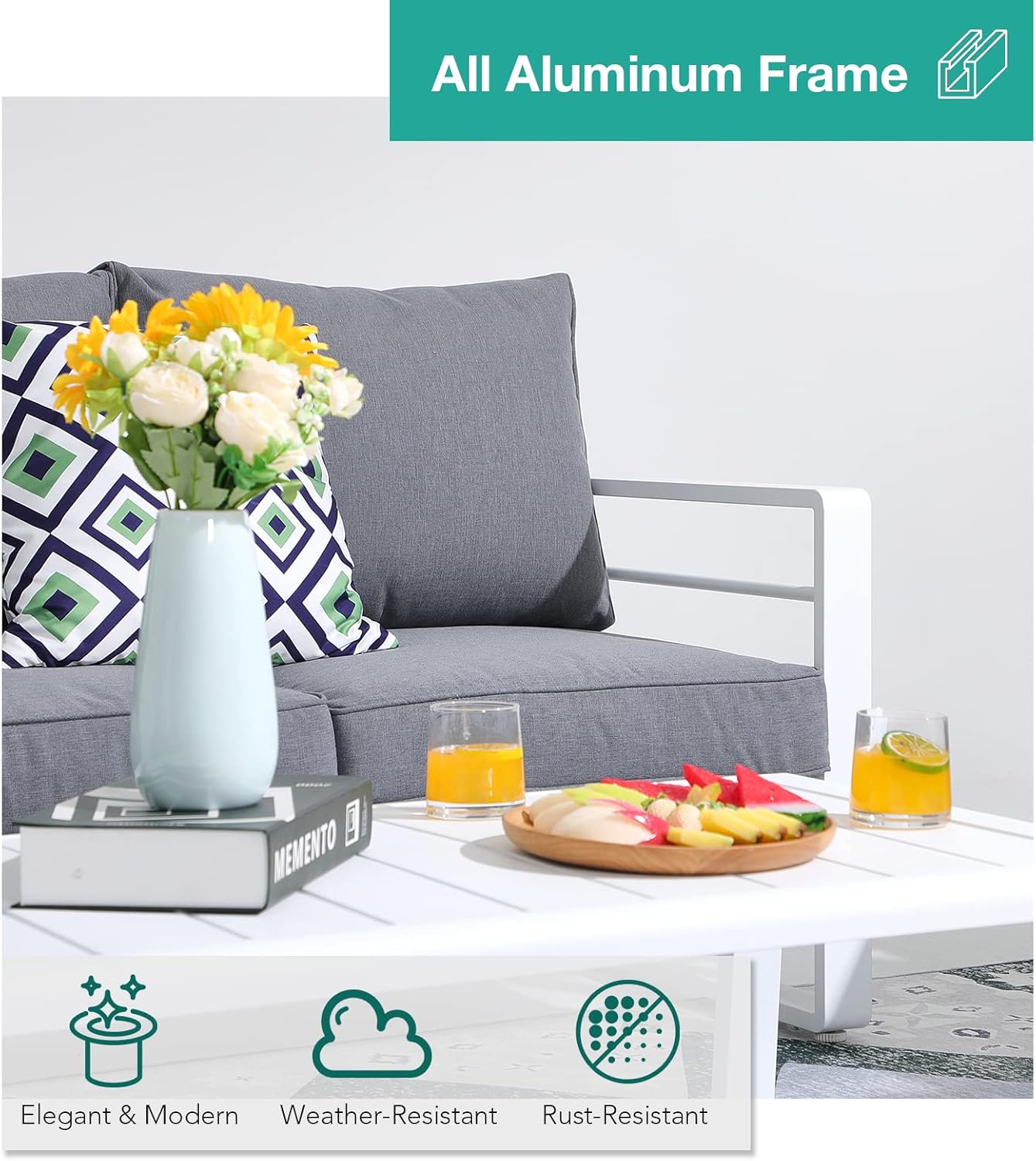 Patiorama Aluminum Patio Furniture Set, Outdoor Patio Loveseat, 2 Seat Sofa Couch, All Weather White Metal Chair with Olefin Cushion, Deep Seating, 600 lbs Capacity, Deck, Garden-Grey Cushion