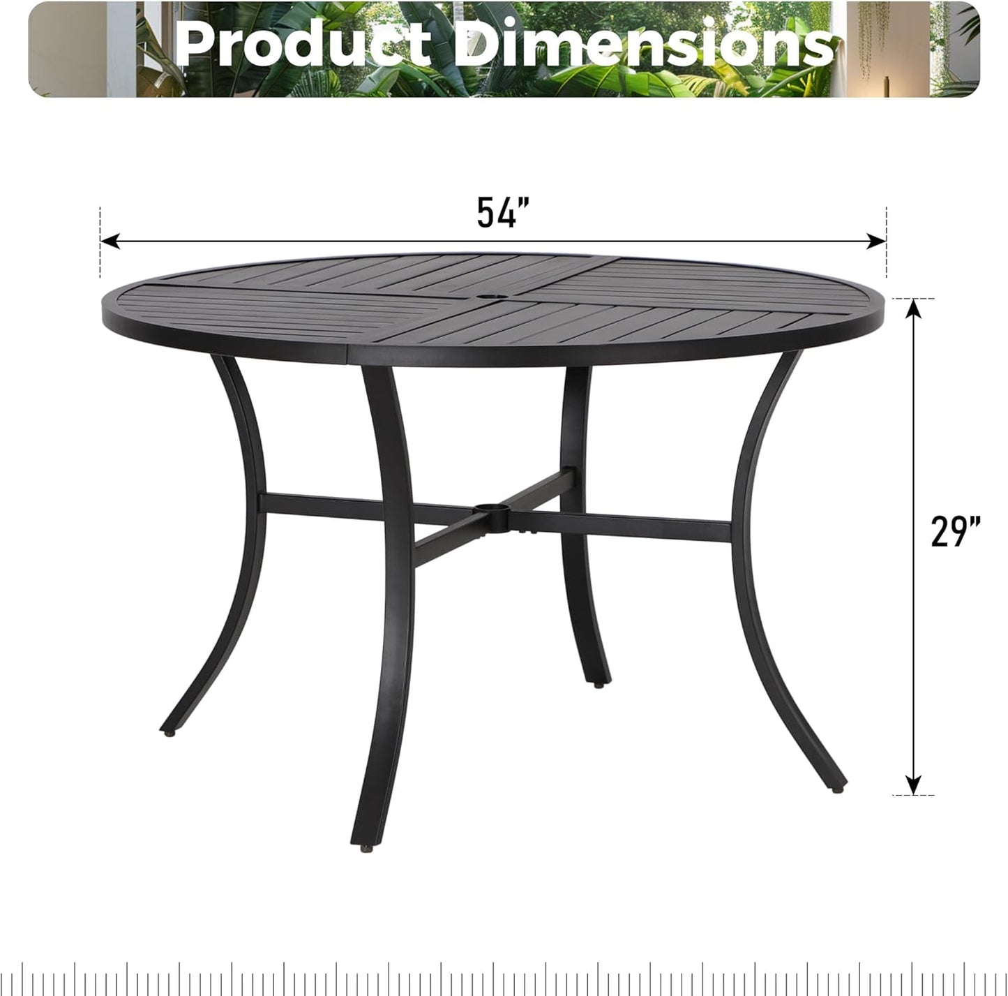 Outdoor Patio Round Dining Table, 54"x 54" Metal Slatted Round Tabletop with Adjustable Umbrella Hole for Deck Lawn Garden Backyard, Black