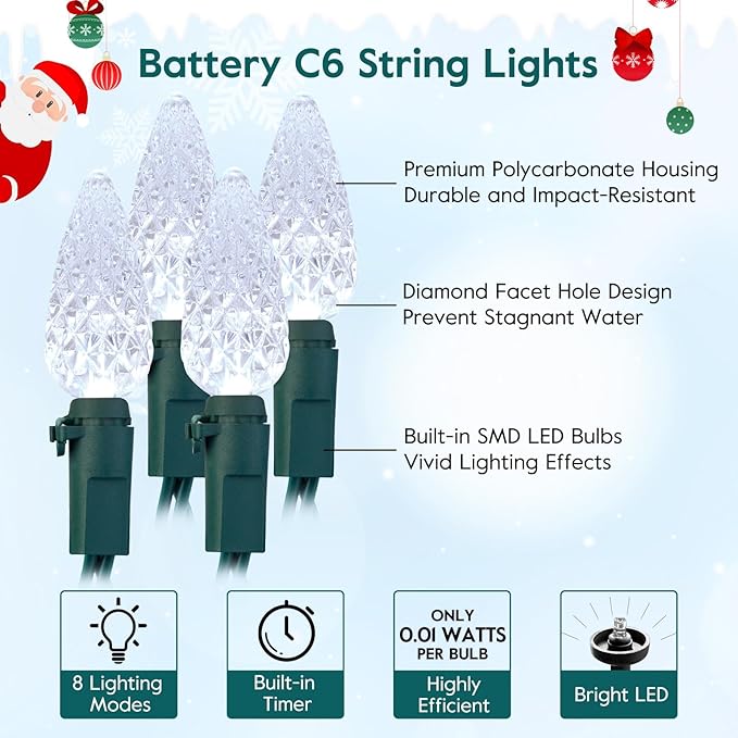 C6 LED Christmas String Lights, 20 ft 60 LED Battery Operated Faceted Strawberry Lights, Waterproof for House Roof Roofline Christmas Tree, White, 2 Pack