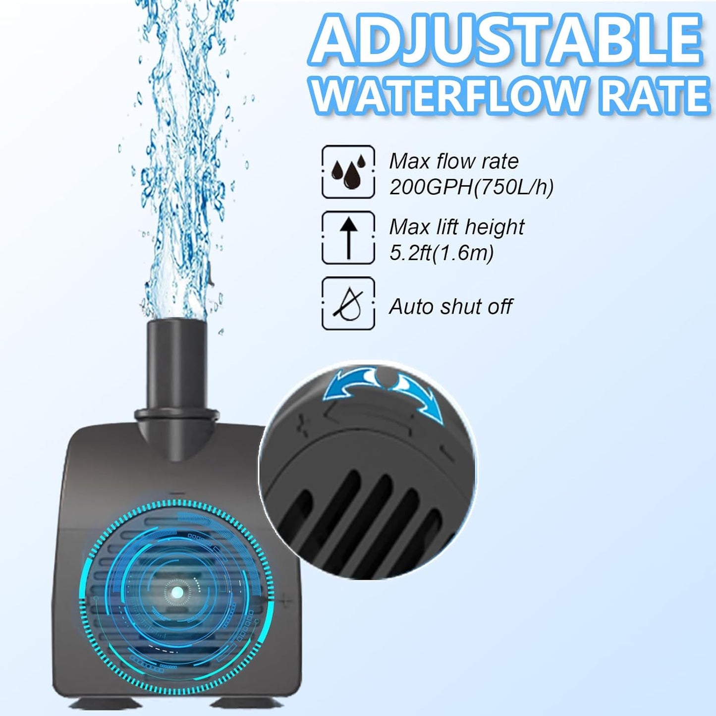 Submersible Pump 200GPH with AUTO-Shut-Off 5.2ft High Lift for Fountains, Hydroponics, Ponds, Aquariums & More