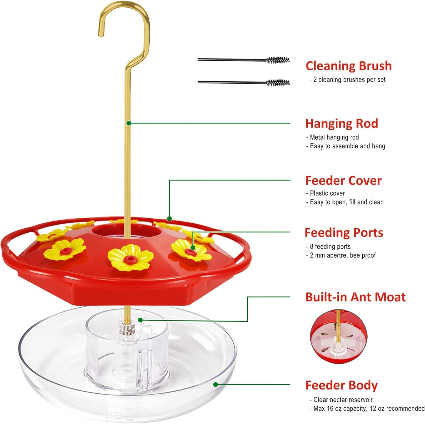 Hummingbird Feeders for Outdoors Hanging - 8 Feeding Ports 16 oz Plastic Hummingbird Feeder, Bee-Proof Leak-Proof No Drip, Easy to Clean with Cleaning Brushes