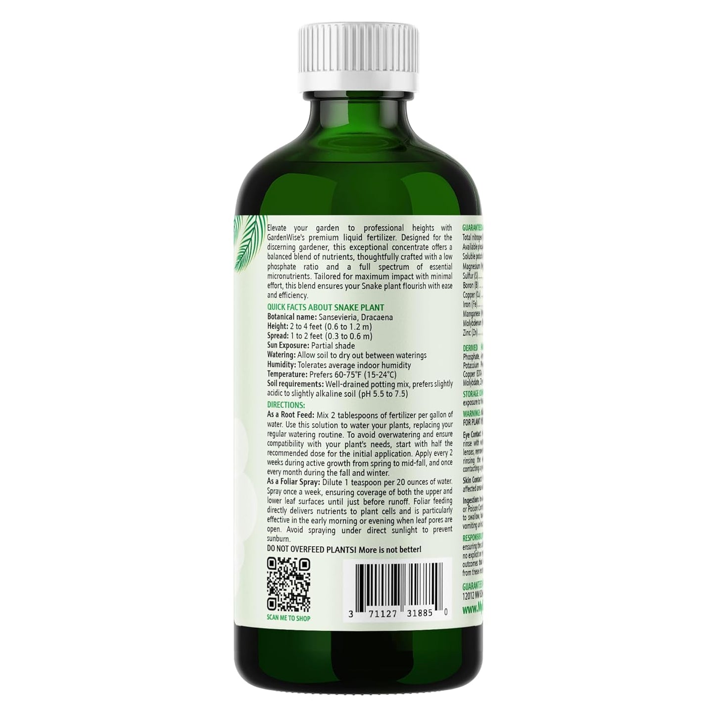 3-1-2 Liquid Fertilizer Concentrate with Micronutrients - Ideal Snake Plant Food for Sansevieria (Dracaena trifasciata), Indoor Plant Care (8 OZ)