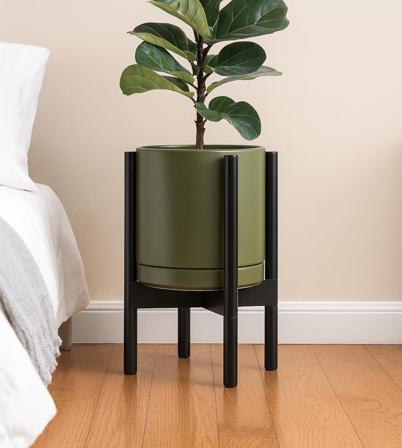 D'vine Dev Ceramic Planter with Ebony Stand - 10 Inch Modern Round Flower Pot with Wood Planter Holder, Olive, 55-B-L-J