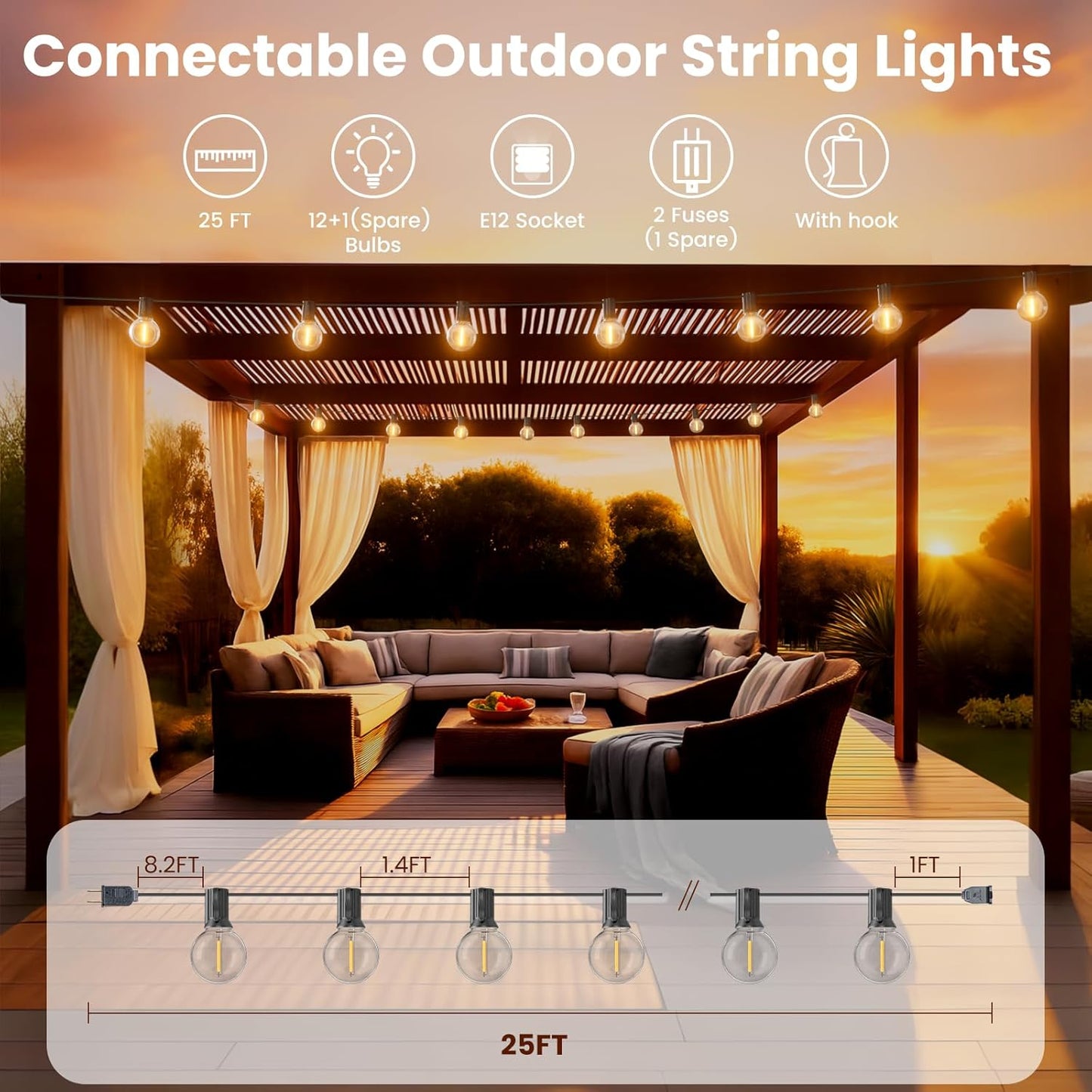RTTY Outdoor String Lights 25 FT, G40 Led Patio Globe Lights with 13pcs Bulbs,Waterproof Shatterproof Dimmable Connectable Hanging for Cafe Bistro Backyard Gazebo Balcony Deck Party