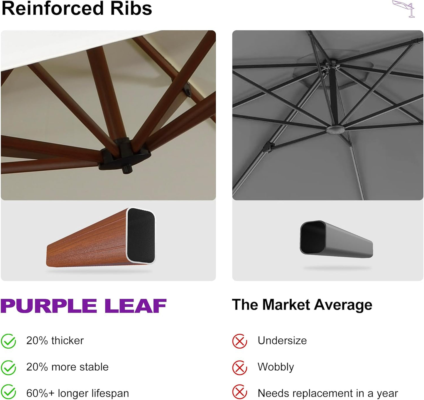 PURPLE LEAF 9' X 12' Double Top Deluxe Wood Pattern Rectangle Patio Umbrella Offset Hanging Umbrella Outdoor Market Umbrella Garden Umbrella, Cream