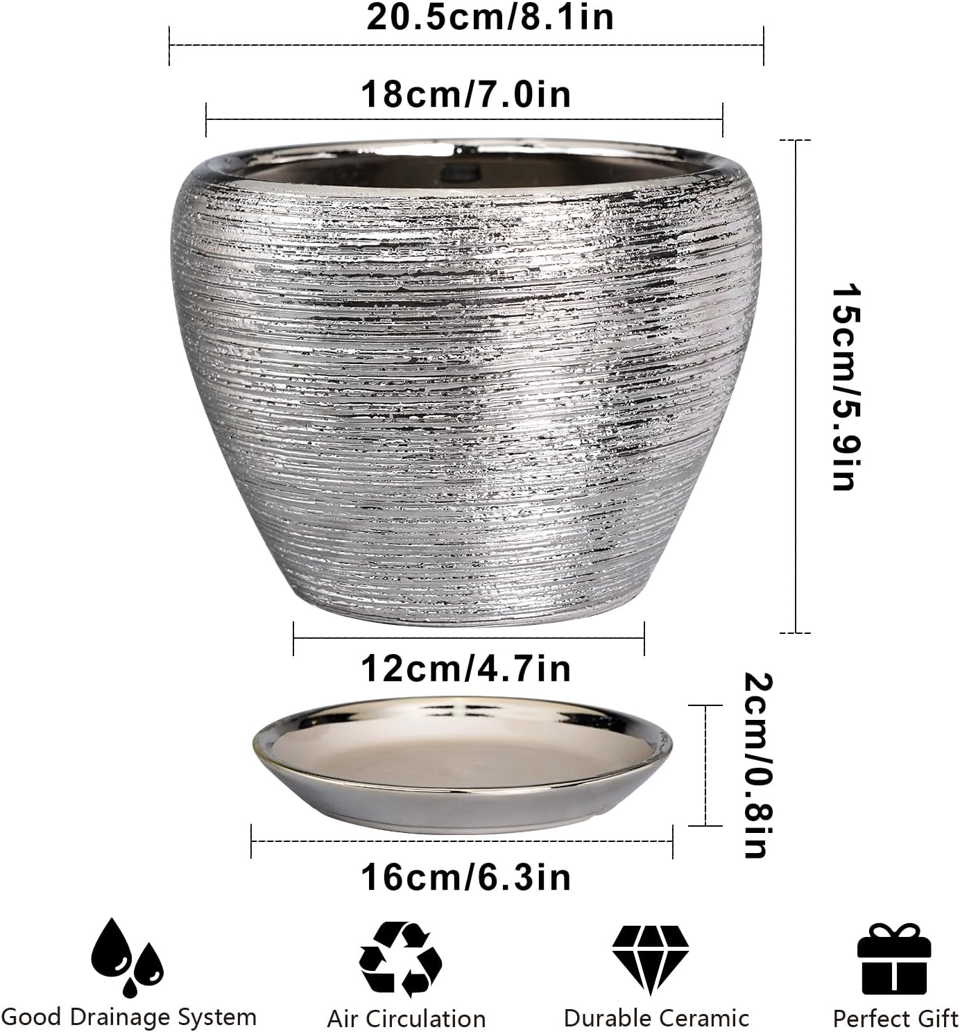 Pot for Plants 8 Inch - Ceramic Plant Pot Indoor with Drainage Hole and Saucer Decorative Planter for Indoor Plants Modern Round Flower Pot for Home Decor Silver