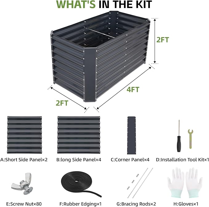 4x2x2ft (2 Pack) Raised Garden Bed - Galvanized Deep Root Planter Boxes Outdoor with Wing Nuts and Safety Edges for Gardening Vegetables, Flowers, Herbs, Succulents - Gray