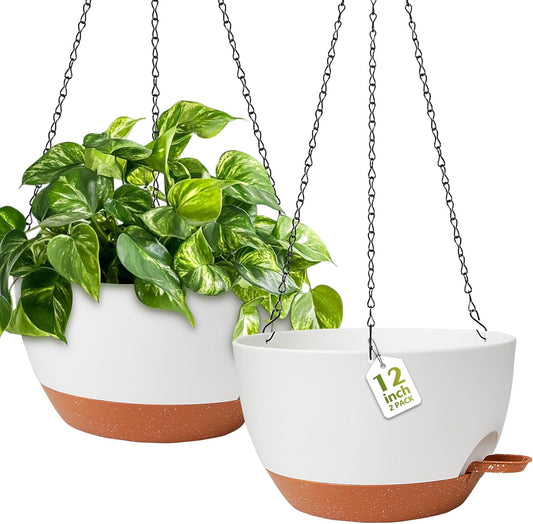 GARDIFE Hanging Planters for Indoor Outdoor Plants, 2 Pack Self Watering Hanging Pot with Drainage Holes & Removable Tray (White, 12 inch)
