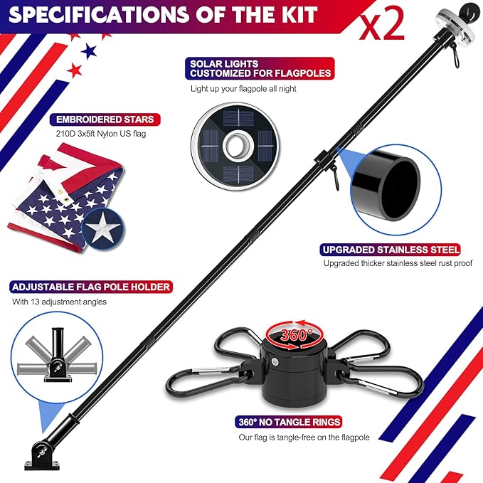 ZMTECH 2 Pack 5FT Flag Pole Kit with Solar Light and Proud American Flag, Adjustable Bracket and Upgraded Tangle-Free Ring 1" Stainless Steel Flagpole for Day and Night, Residential, Commercial, Black