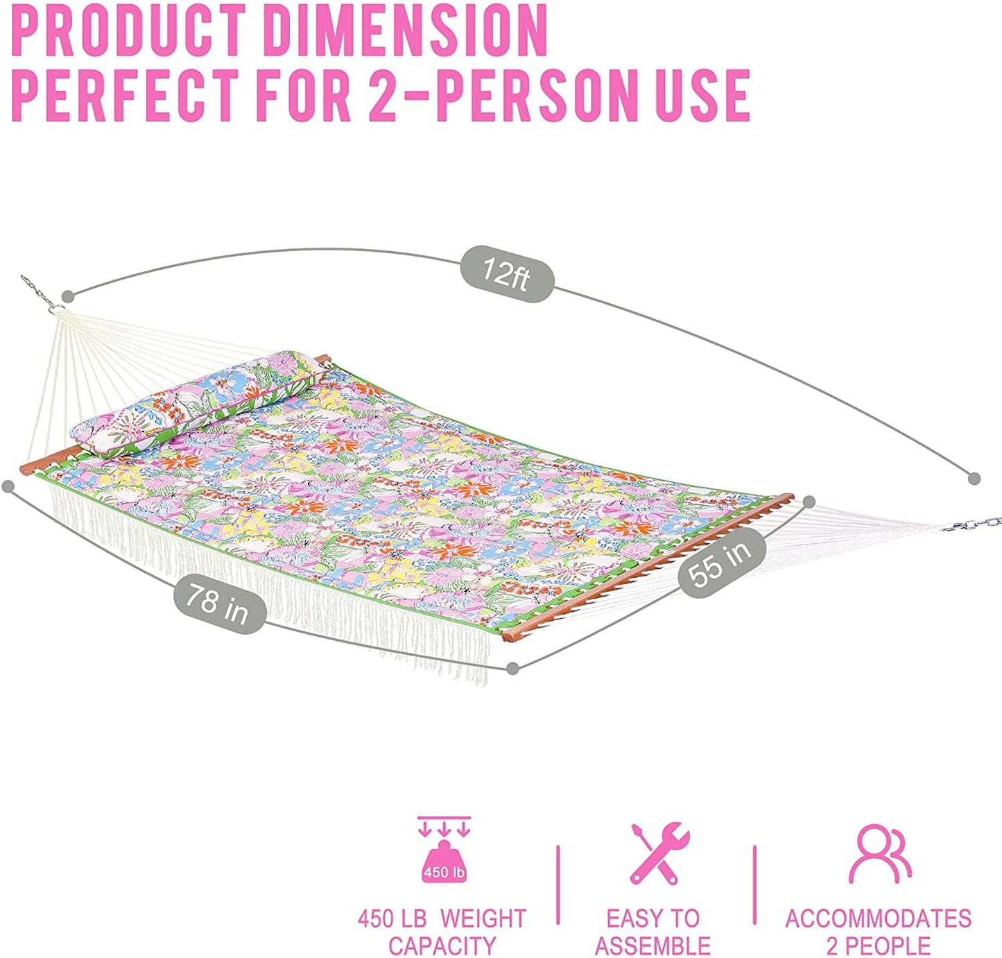 Lazy Daze Hammocks 12 FT Double Layered Quilted Fabric Hammock Swing with Pillow and Carrying Bag, Elegant Tassels and Spread Bar Heavy Duty Stylish for Two Person, Floral