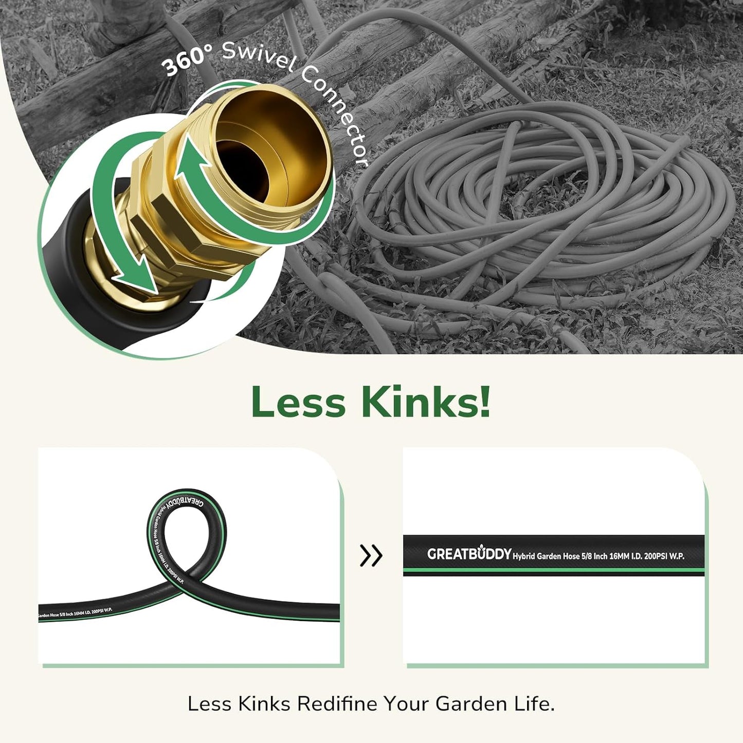 GreatBuddy 25 ft Garden Hose 5/8", Less Kink Heavy Duty Water Hose, Durable & Flexible Hose for Outdoor, Lawn, Car Washing, Pet Bathing and Household