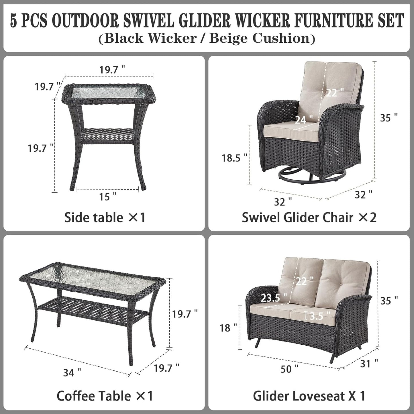 5 Piece Outdoor Patio Furniture Set with Deep Seating Swivel Rocker Chairs Loveseat and Rattan Coffee Table Outdoor Conversation Sets for Deck Backyard Poolside,Black Wicker/Beige Cushion