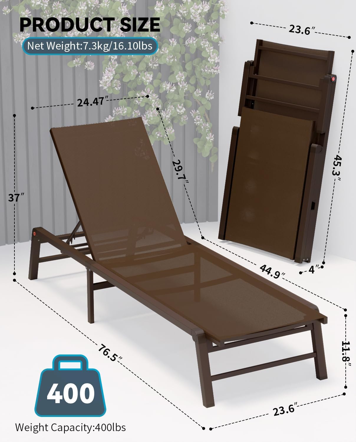 Aluminum Chaise Lounge Chair Outdoor, Foldable Patio Lounge Chair 2 Sets Assemble-Free, Pool Lounge Chairs with 5 Adjustable Backrest, Outdoor Lounge Chairs for Outside Poolside Beach Lawn Brown