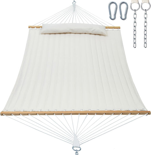 Double Quilted Fabric Hammock with Spreader Bar, Fit 12-14ft Hammock Stand, 2 Person 14ft Hammocks for Outside, Large Removable Pillow Storage Bag, Carabiners, Max 475 lbs Capacity (Beige)