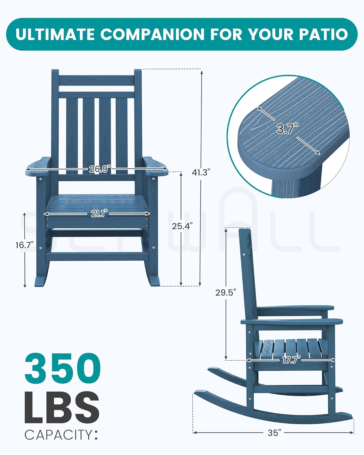 SERWALL HDPE Outdoor Rocking Chair Set of 6, Patio Rocking Chairs for Adults, All Weather Outdoor Rockers for Lawn, Blue