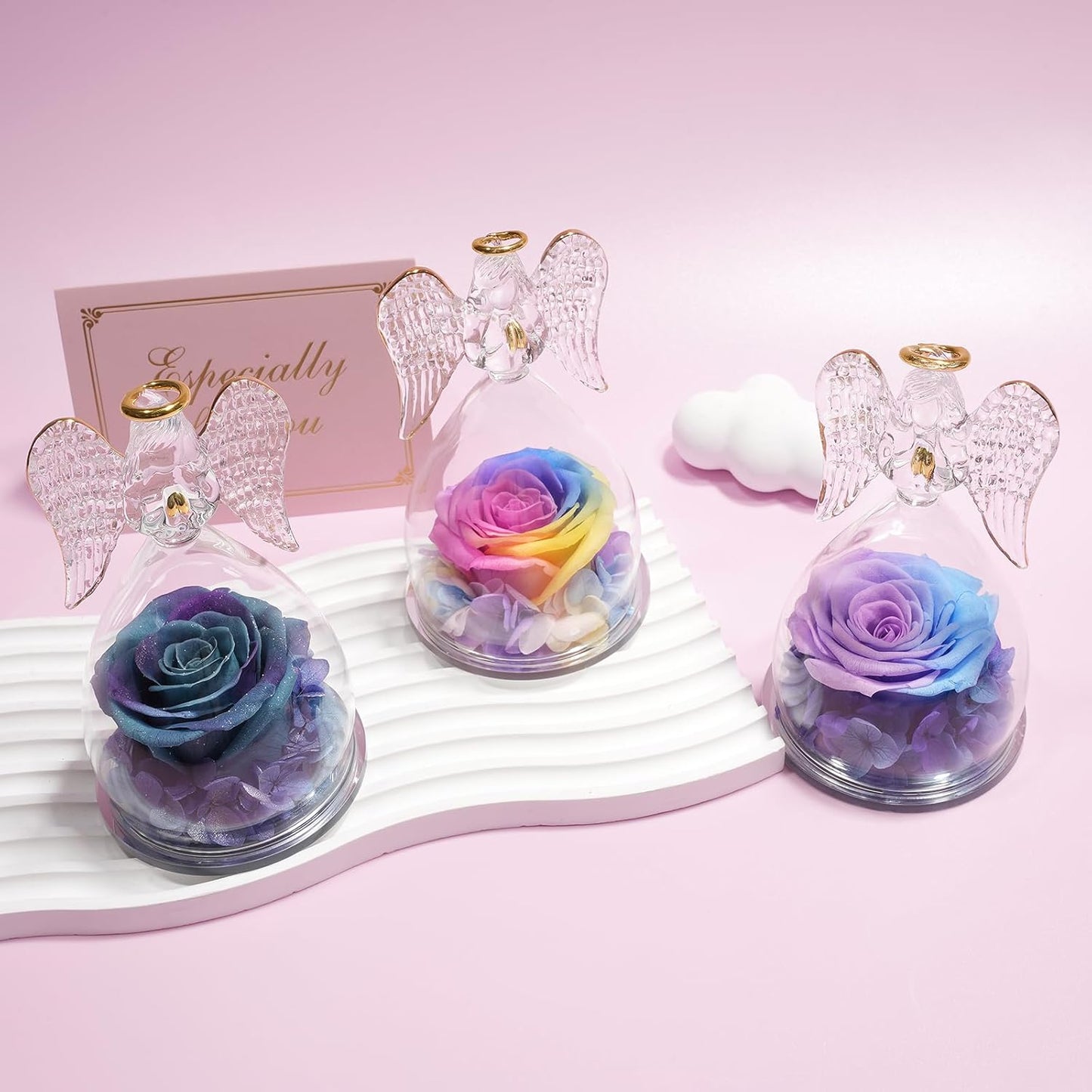 Yamonic Mom Birthday Gifts for Mom, Angel Figurines with Real Rose Gifts for Her Mom Grandma, Preserved Rose Angel Figurines for Mothers Day Birthday Gifts for Women Her (Rainbow)