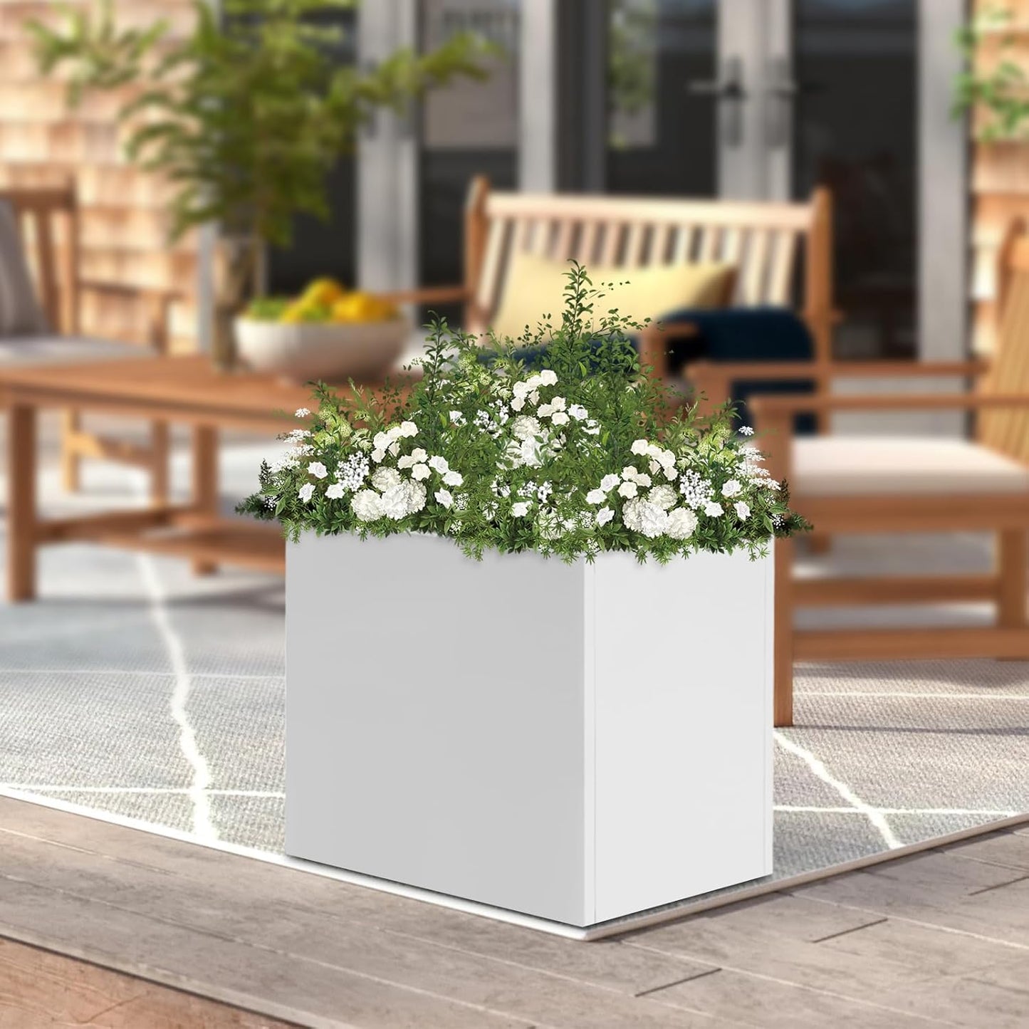 24" L x24 W x24 H Metal Flower Boxes Planter Boxes Outdoor Raised Garden Bed Indoor Outdoor Planting Bed White Square Planter Box for Patios Lawn Yard Decor Storage