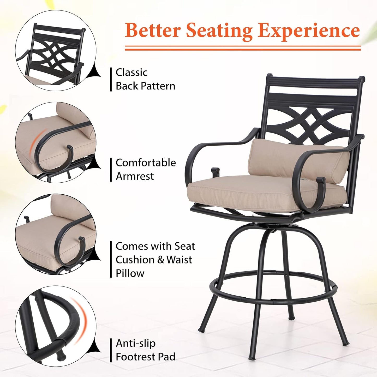 Sophia & William Outdoor Patio Bar Set 5 Piece High Dining Table and Chairs Furniture Set-4 Swivel Bar Stools with Beige Cushion and 1 Square Bar Height Table with Hand-Painted Metal Top