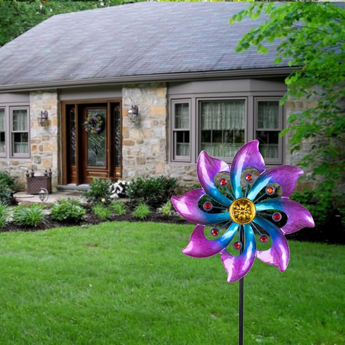 VEWOGARDEN Garden Metal Flower Wind Spinners Outdoor, Kinetic Wind Sculptures & Spinners for Yard Lawn Patio Decorations, Blue-Purple