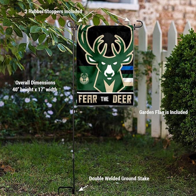WinCraft Milwaukee Bucks Fear The Deer Garden Flag and Pole Stand Holder