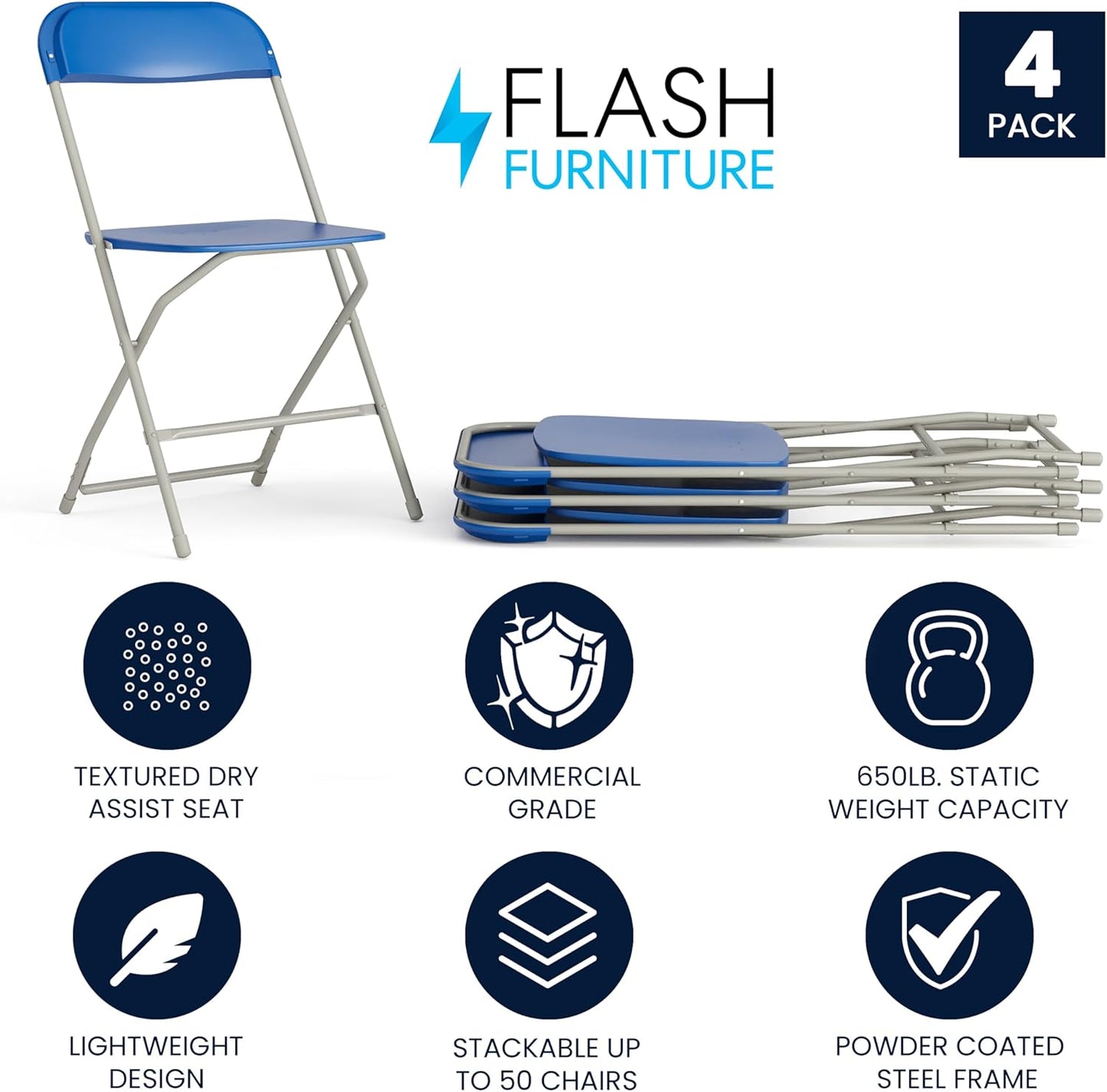 Flash Furniture Hercules Series Plastic Folding Chair - Blue - 4 Pack 650LB Weight Capacity Comfortable Event Chair-Lightweight Folding Chair