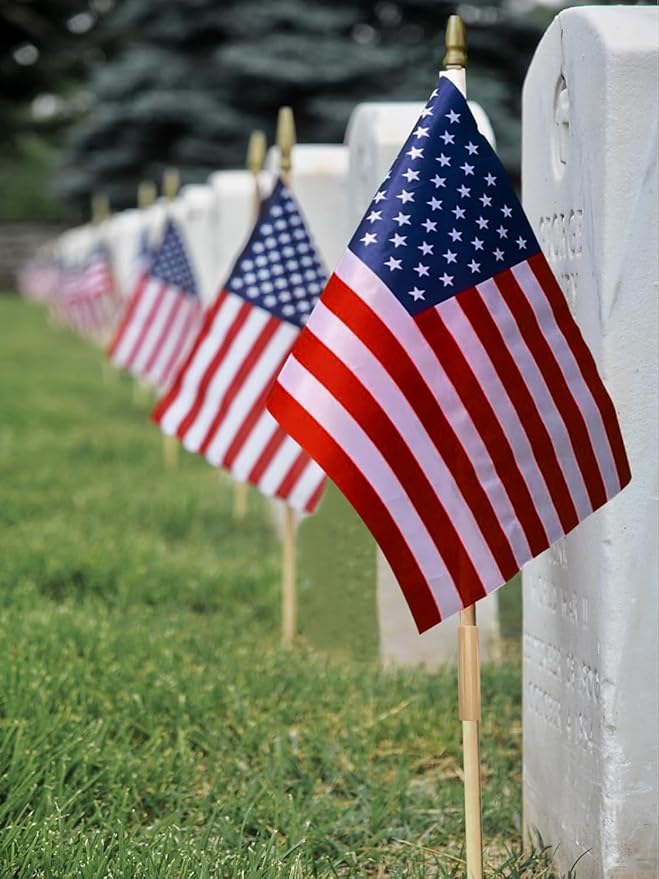Pack of 100 American Flags with wood Stick, 12x18 Inch American Flags for outside, US Flags/American Hand Held Stick Flags with Kid-Safe Spear Top, Perfect for Patriotic Decorations, Parades, Veteran Party,4th of July decorations
